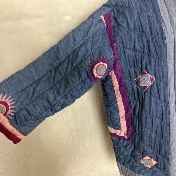 Vintage 80s 90s Denim Hooded Sun Embroidered Patchwork Denim Quilted Jacket L - Picture 3 of 12